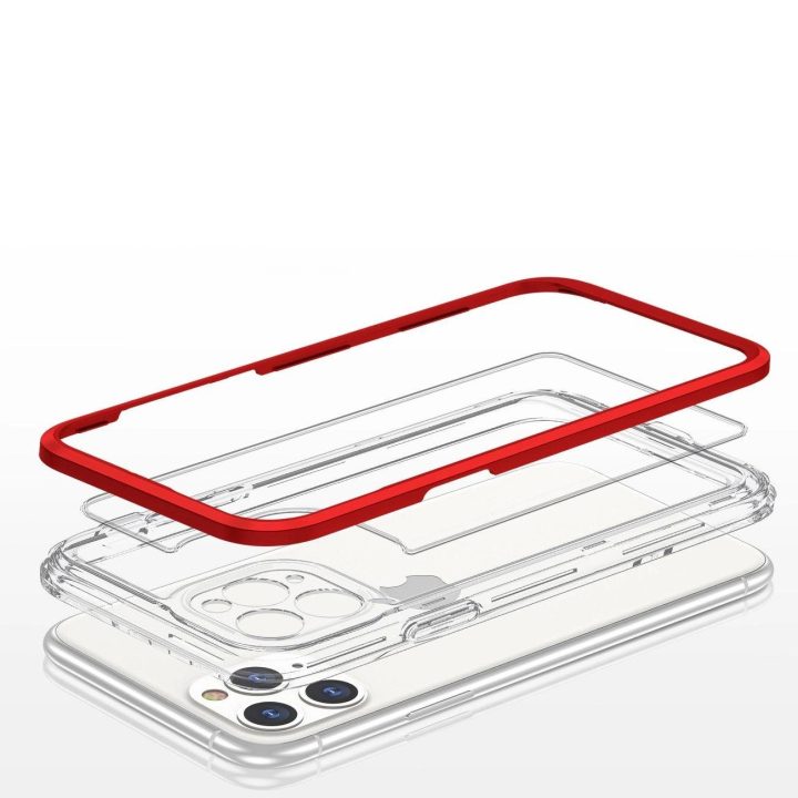 Skaidrus iPhone 11 Pro Max 3v1 korpusas su rėmeliu, gelinis raudonas