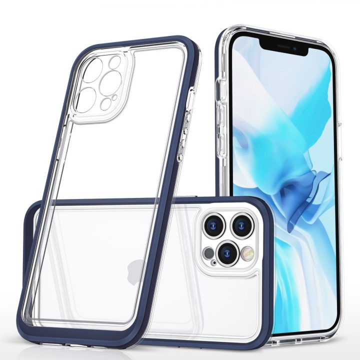 Skaidrus 3in1 dėklas iPhone 12 Pro su mėlynu rėmeliu ir gelio dangteliu