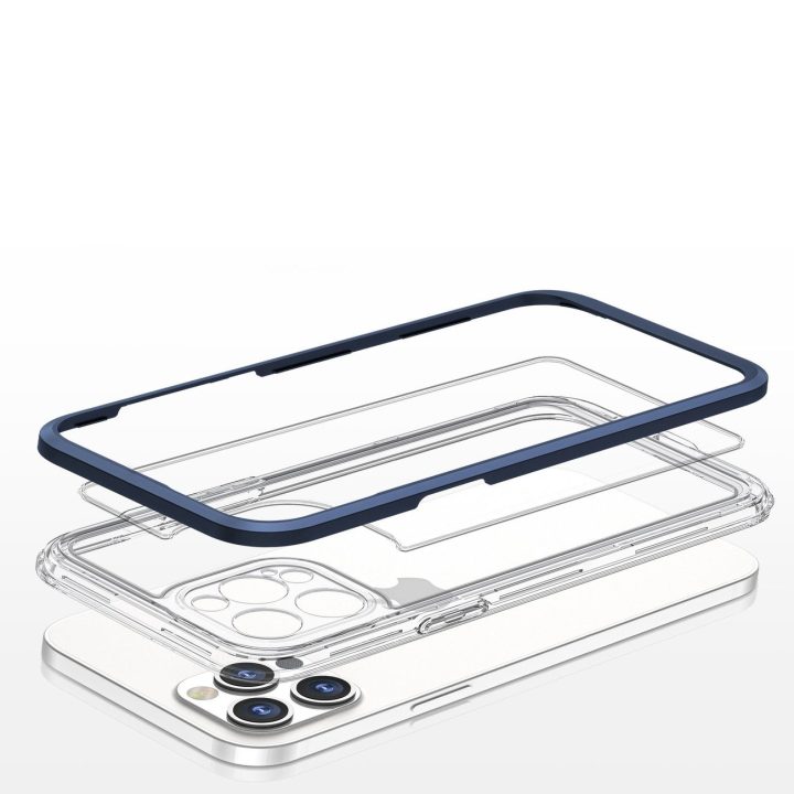 Skaidrus 3in1 dėklas iPhone 12 Pro su mėlynu rėmeliu ir gelio dangteliu