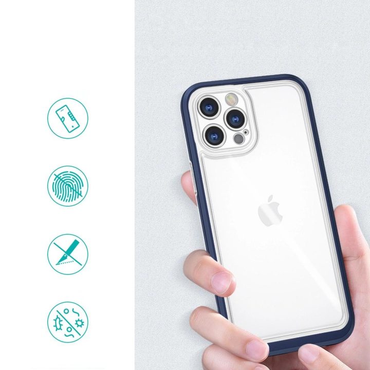 Skaidrus 3in1 dėklas iPhone 12 Pro Max mėlyno rėmelio gelinis dangtelis