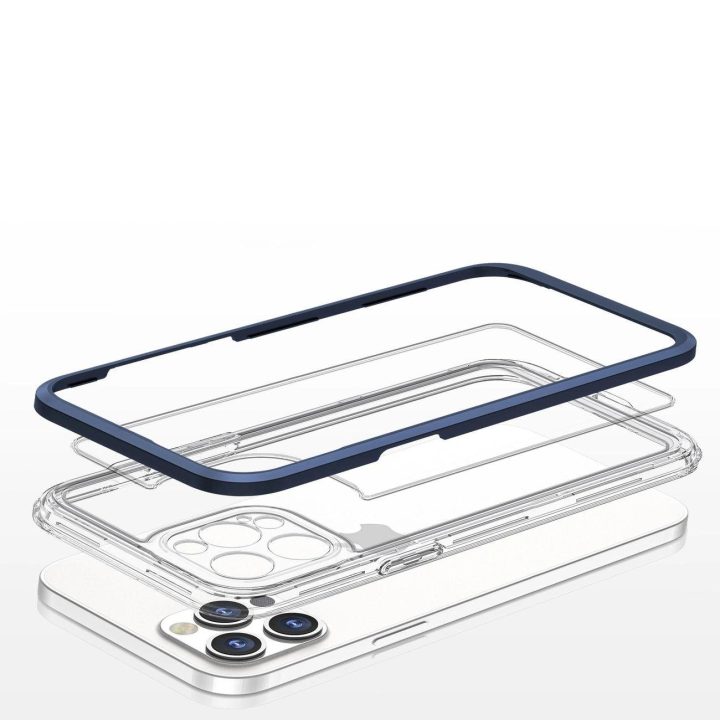 Skaidrus 3in1 dėklas iPhone 12 Pro Max mėlyno rėmelio gelinis dangtelis