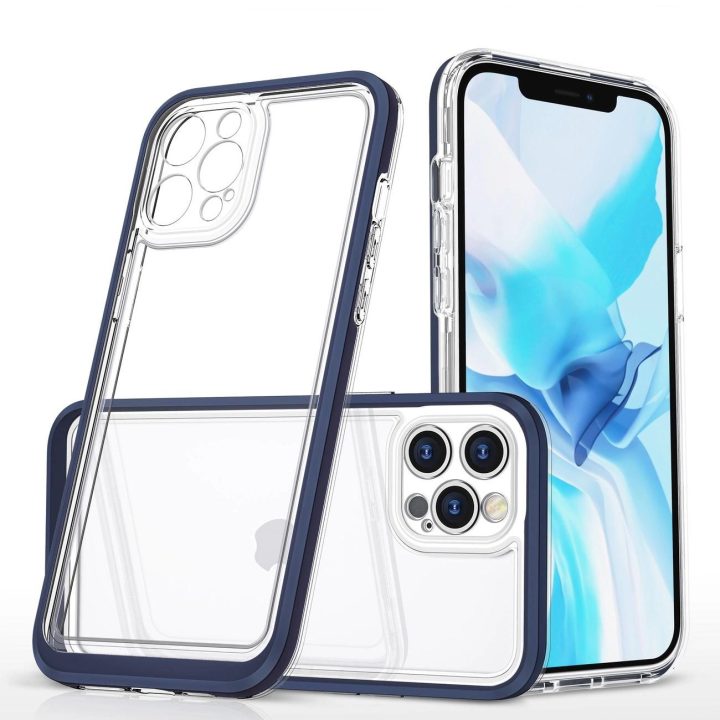 Skaidrus 3in1 dėklas iPhone 12 Pro Max mėlyno rėmelio gelinis dangtelis