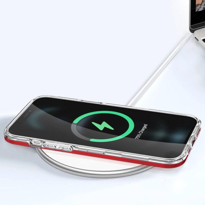 Skaidrus iPhone 12 Pro Max 3v1 korpusas su rėmeliu, gelinis raudonas