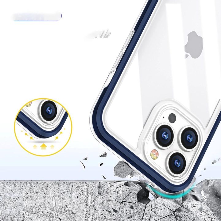 Skaidrus 3in1 dėklas iPhone 13 Pro su mėlynu rėmeliu ir gelio dangteliu