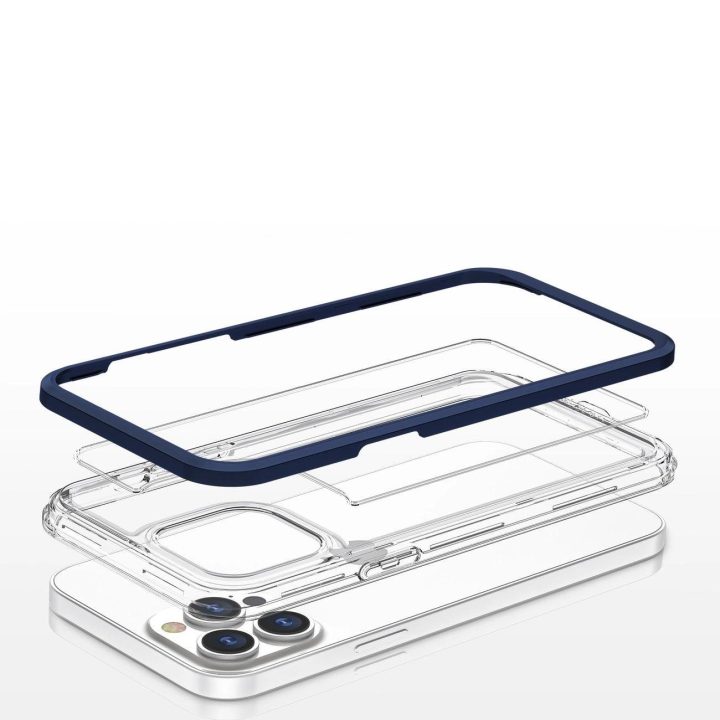 Skaidrus 3in1 dėklas iPhone 13 Pro su mėlynu rėmeliu ir gelio dangteliu