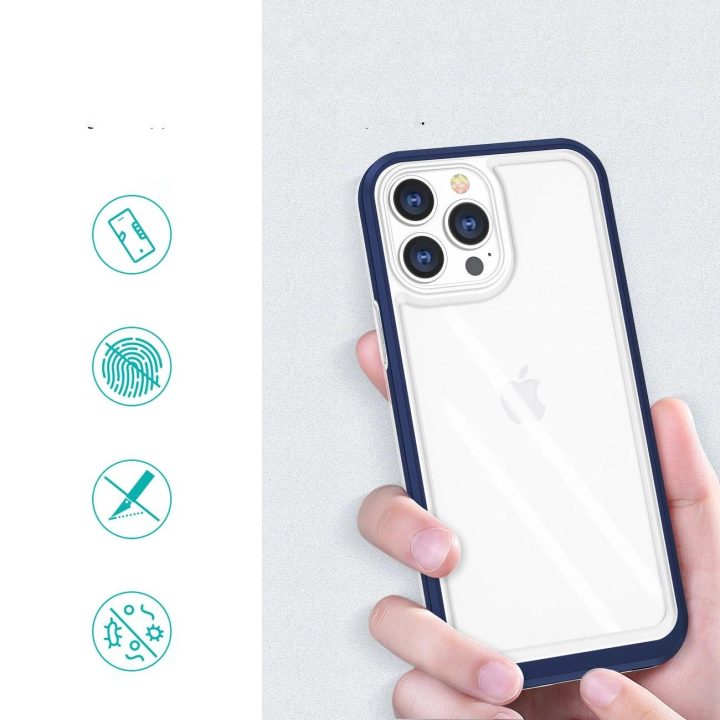 Skaidrus 3in1 dėklas iPhone 13 Pro su mėlynu rėmeliu ir gelio dangteliu