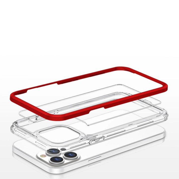 Skaidrus iPhone 13 Pro Max 3v1 korpusas su rėmeliu, gelinis raudonas