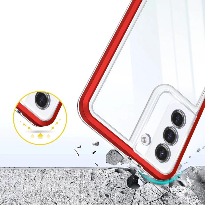 Skaidrus Samsung Galaxy S21 + 5G (S21 Plus 5G) 3v1 korpusas su rėmeliu, geliniu dangteliu, raudonas