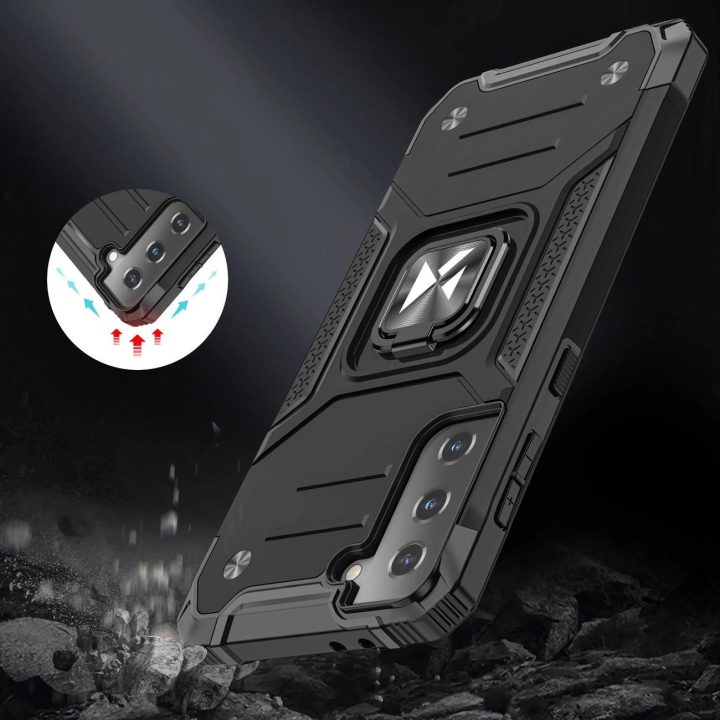 Ring Armor tvirtas hibridinis dėklas su magnetiniu laikikliu, skirtas Samsung Galaxy S22 + (S22 Plus) Silver