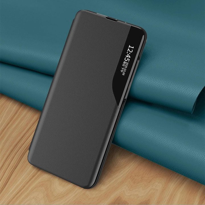 Eco Leather View Case elegantiškas dėklas su atlenkiamu dangteliu ir stovo funkcija, skirtas Samsung Galaxy S22 + (S22 Plus), mė