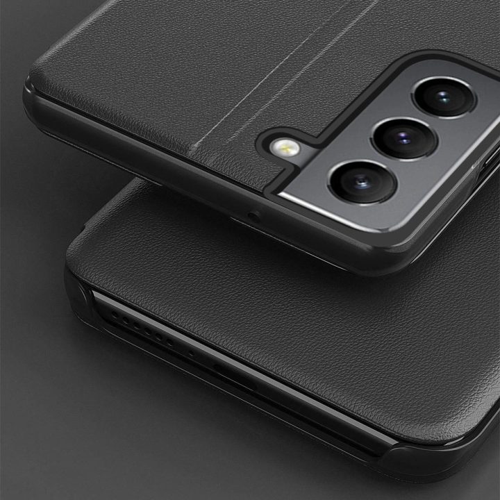 Eco Leather View Case elegantiškas dėklas su atlenkiamu dangteliu ir stovo funkcija, skirtas Samsung Galaxy S22 + (S22 Plus), mė