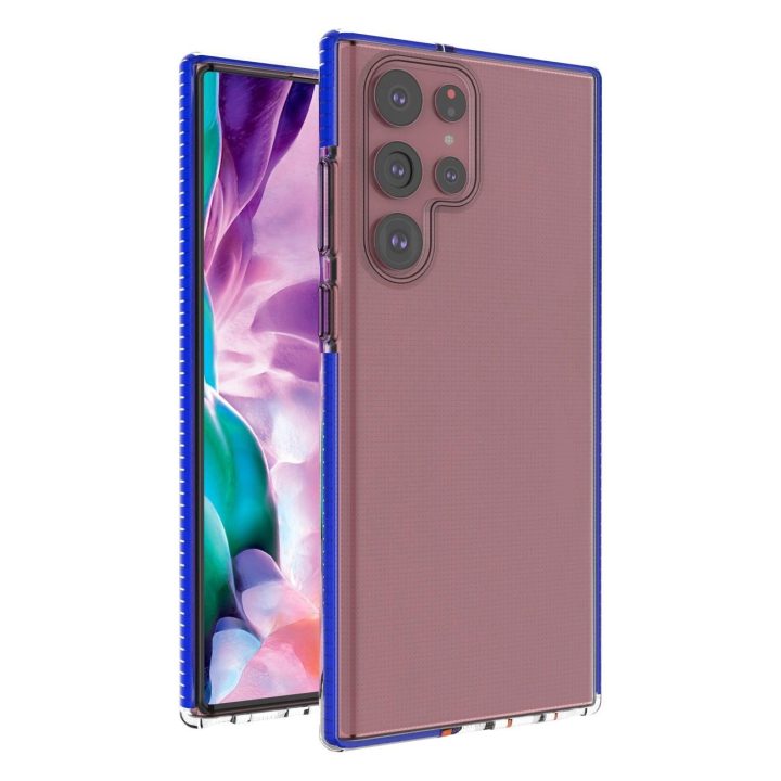 Pavasarinis korpuso dangtelis gelinis dangtelis su spalvotu rėmeliu, skirtas Samsung Galaxy S22 Ultra , tamsiai mėlynas