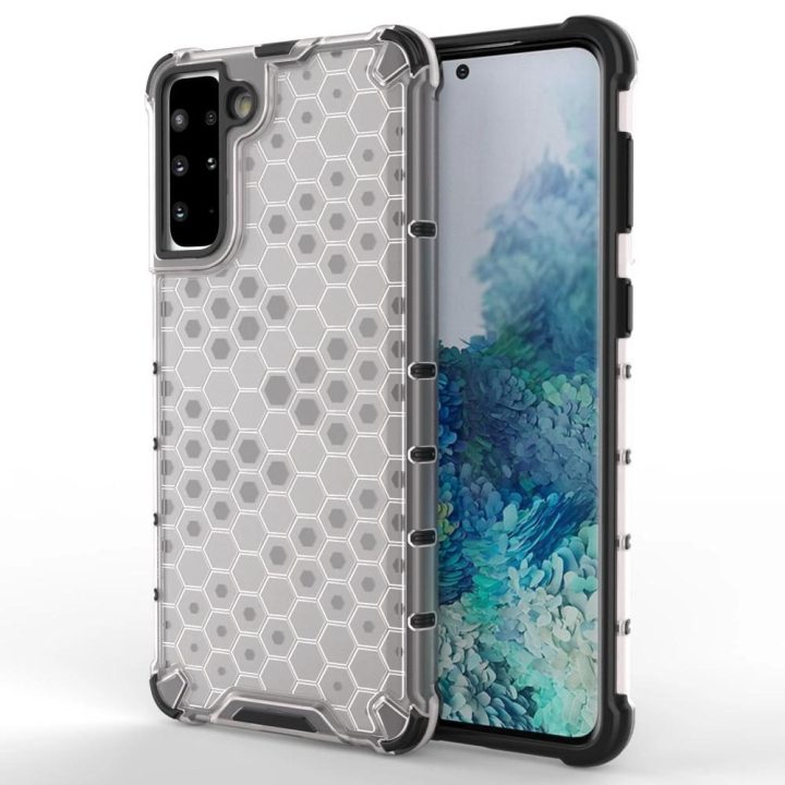 Honeycomb korpuso šarvuotas dangtelis su geliniu rėmeliu, skirtas Samsung Galaxy S22 + (S22 Plus), skaidrus