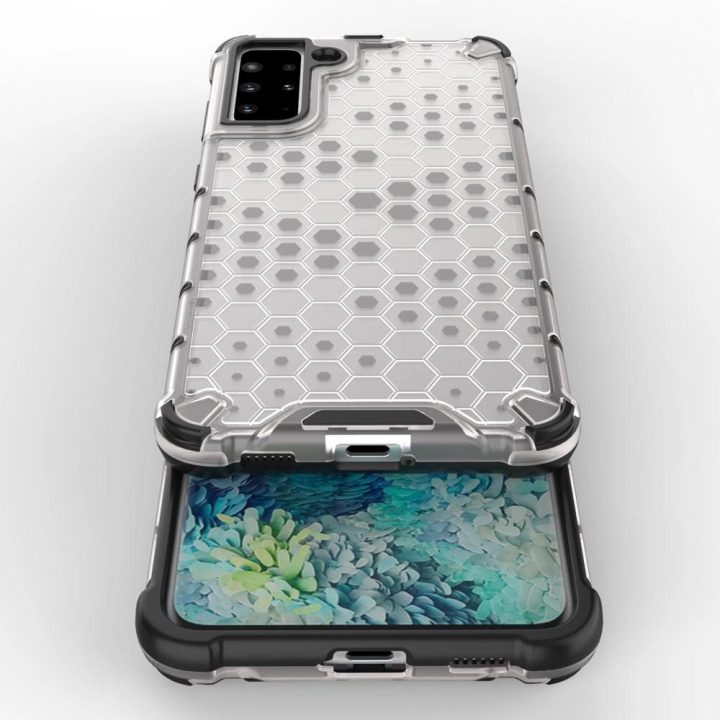 Honeycomb korpuso šarvuotas dangtelis su geliniu rėmeliu, skirtas Samsung Galaxy S22 + (S22 Plus), skaidrus