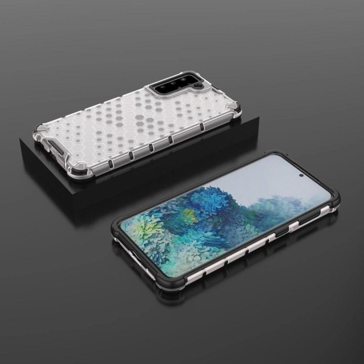 Honeycomb korpuso šarvuotas dangtelis su geliniu rėmeliu, skirtas Samsung Galaxy S22 + (S22 Plus), skaidrus