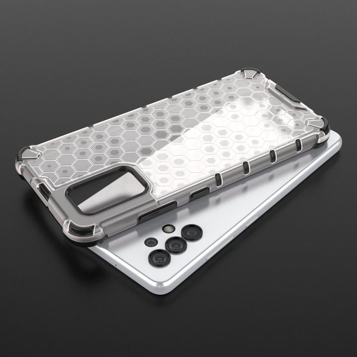 Honeycomb korpuso šarvuotas dangtelis su geliniu rėmeliu, skirtas Samsung Galaxy A13 5G , skaidrus