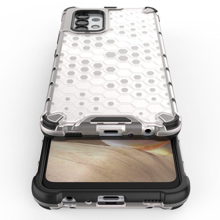 Honeycomb korpuso šarvuotas dangtelis su geliniu rėmeliu, skirtas Samsung Galaxy A13 5G , skaidrus