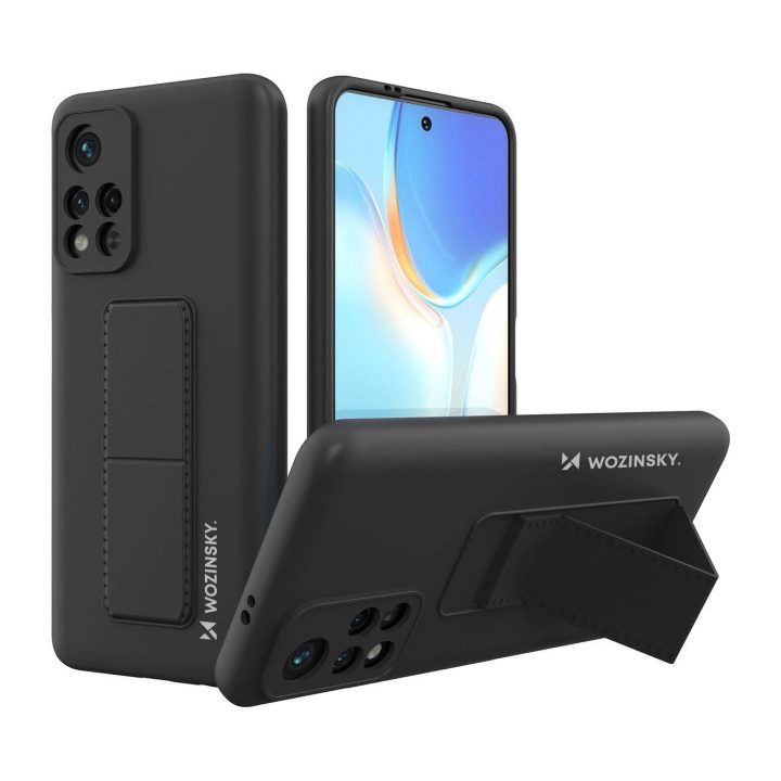 Silikoninis Xiaomi Redmi 10 Black dėklas su stovu, skirtas Xiaomi Redmi 10 Black