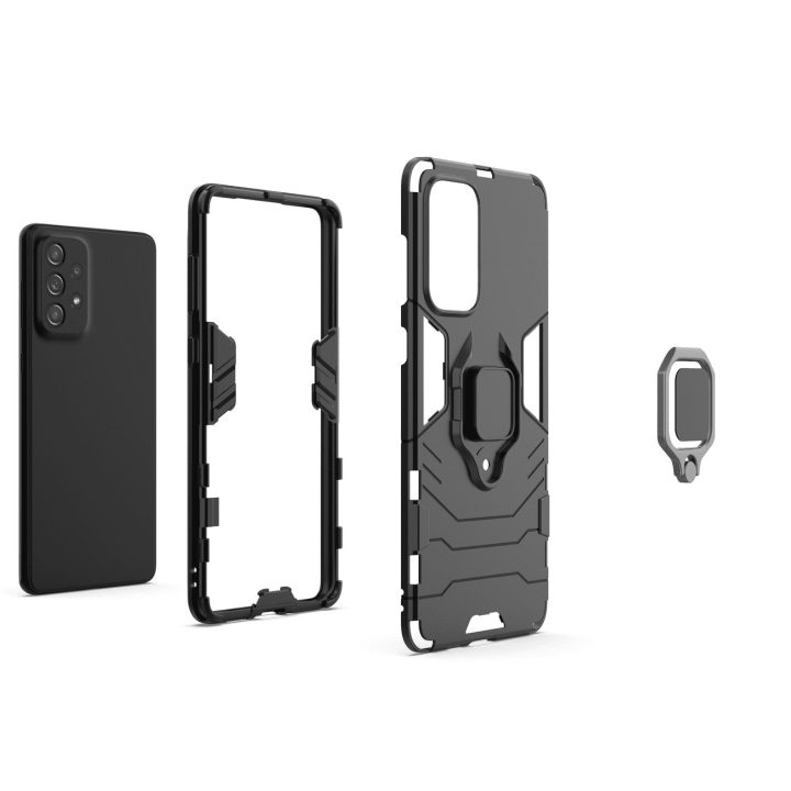 Ring Armor tvirtas hibridinis dėklas + magnetinis laikiklis, skirtas Samsung Galaxy A73 , juodas