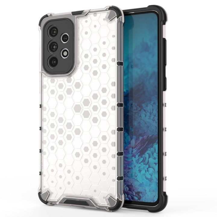 Honeycomb korpuso šarvuotas dangtelis su geliniu rėmeliu, skirtas Samsung Galaxy A73 , skaidrus