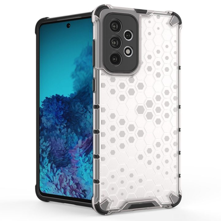 Honeycomb korpuso šarvuotas dangtelis su geliniu rėmeliu, skirtas Samsung Galaxy A73 , skaidrus