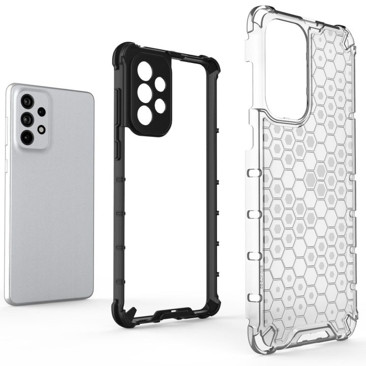 Honeycomb korpuso šarvuotas dangtelis su geliniu rėmeliu, skirtas Samsung Galaxy A73 , skaidrus
