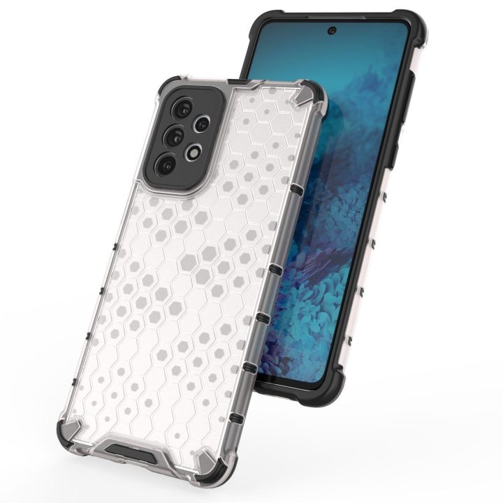 Honeycomb korpuso šarvuotas dangtelis su geliniu rėmeliu, skirtas Samsung Galaxy A73 , skaidrus