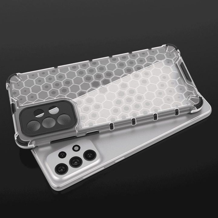 Honeycomb korpuso šarvuotas dangtelis su geliniu rėmeliu, skirtas Samsung Galaxy A73 , skaidrus