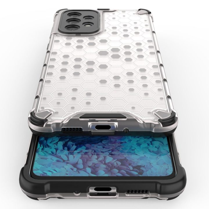 Honeycomb korpuso šarvuotas dangtelis su geliniu rėmeliu, skirtas Samsung Galaxy A73 , skaidrus