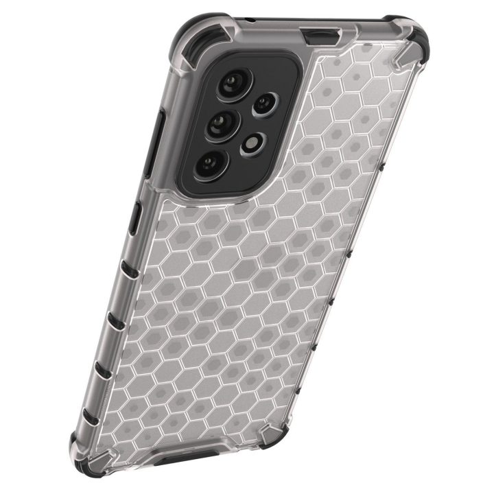 Honeycomb korpuso šarvuotas dangtelis su geliniu rėmeliu, skirtas Samsung Galaxy A73 , skaidrus
