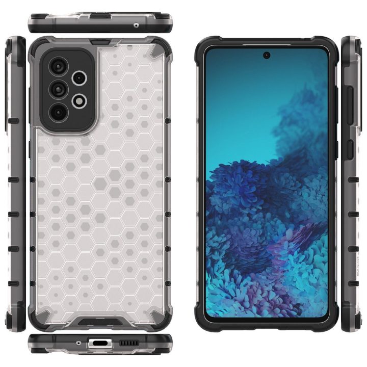 Honeycomb korpuso šarvuotas dangtelis su geliniu rėmeliu, skirtas Samsung Galaxy A73 , skaidrus