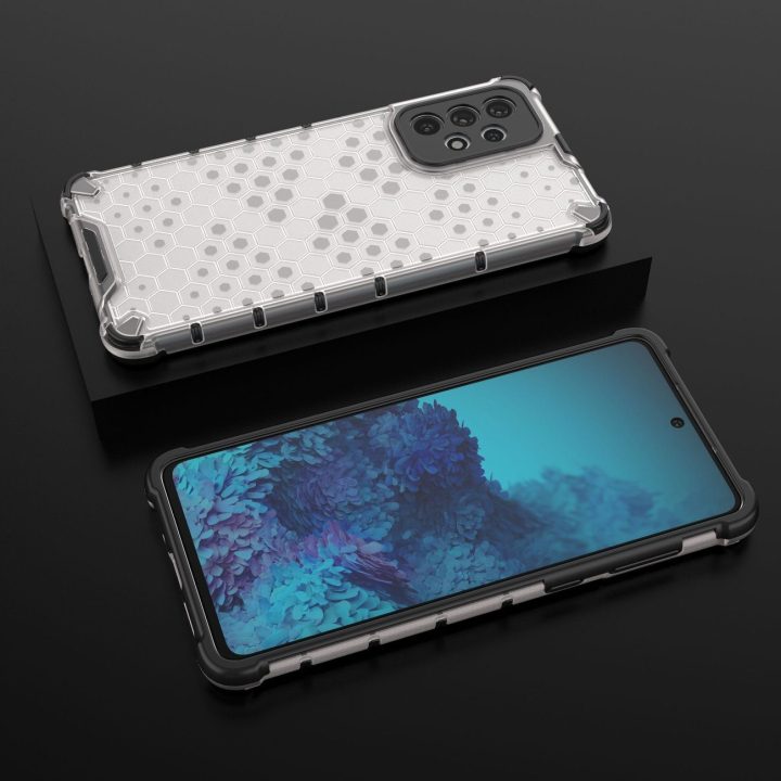Honeycomb korpuso šarvuotas dangtelis su geliniu rėmeliu, skirtas Samsung Galaxy A73 , skaidrus