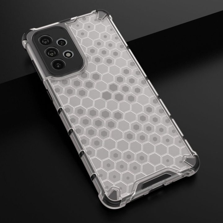 Honeycomb korpuso šarvuotas dangtelis su geliniu rėmeliu, skirtas Samsung Galaxy A73 , skaidrus