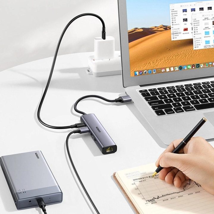 Daugiafunkcinis adapteris HUB USB 3.0 - 3 x USB / Ethernet RJ-45 / USB Type C PD pilkos spalvos (CM475)