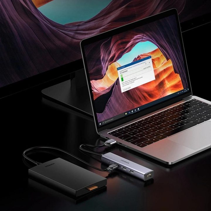 Daugiafunkcinis adapteris HUB USB 3.0 - 3 x USB / Ethernet RJ-45 / USB Type C PD pilkos spalvos (CM475)