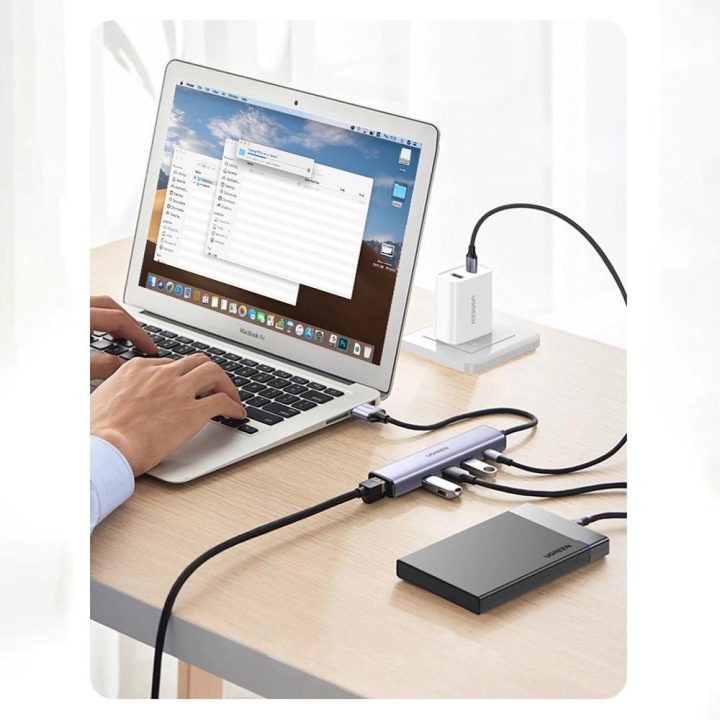 Daugiafunkcinis adapteris HUB USB 3.0 - 3 x USB / Ethernet RJ-45 / USB Type C PD pilkos spalvos (CM475)