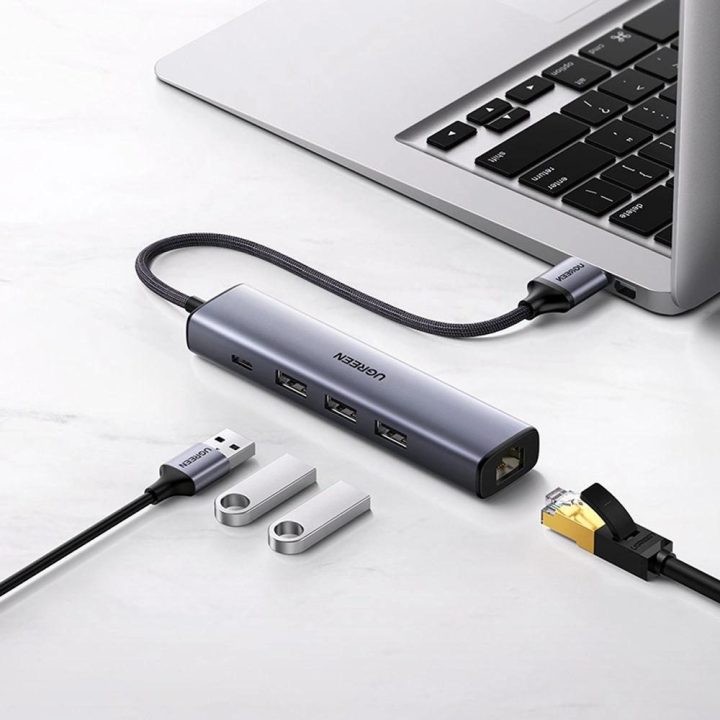Daugiafunkcinis adapteris HUB USB 3.0 - 3 x USB / Ethernet RJ-45 / USB Type C PD pilkos spalvos (CM475)