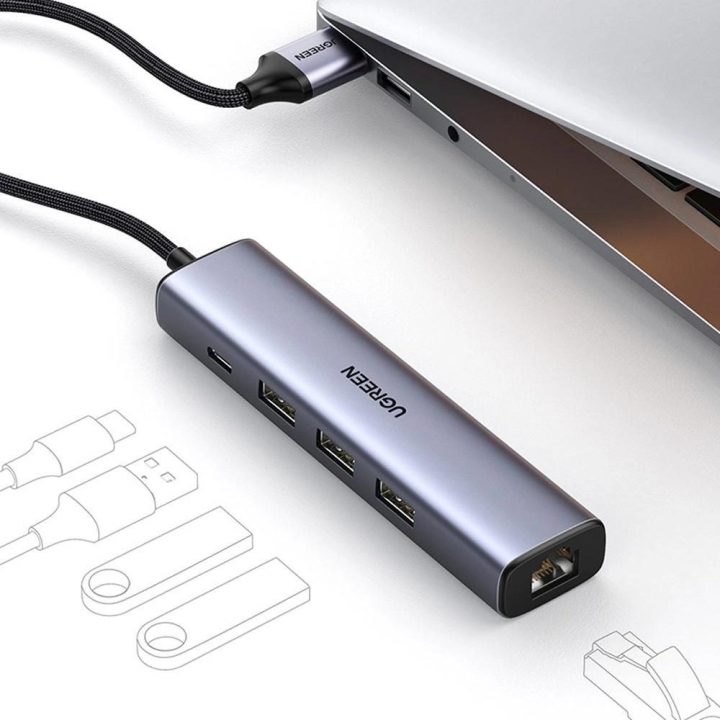 Daugiafunkcinis adapteris HUB USB 3.0 - 3 x USB / Ethernet RJ-45 / USB Type C PD pilkos spalvos (CM475)