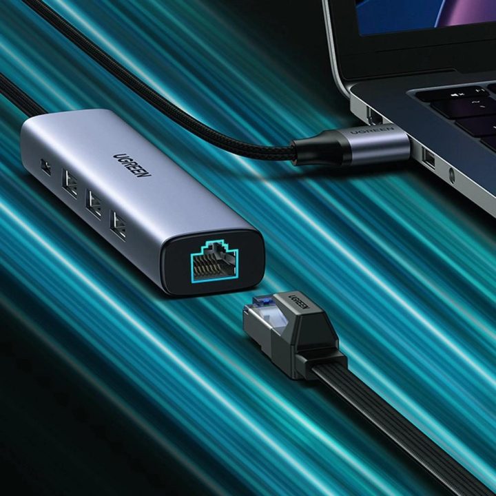 Daugiafunkcinis adapteris HUB USB 3.0 - 3 x USB / Ethernet RJ-45 / USB Type C PD pilkos spalvos (CM475)