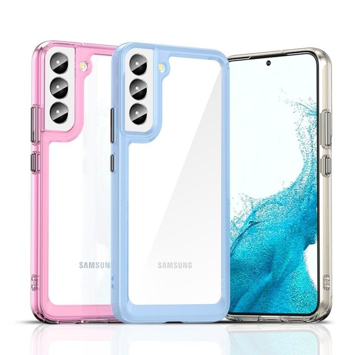 Outer Space Case dėklas Samsung Galaxy S22 + (S22 Plus) kietasis dangtelis su geliniu rėmeliu, skaidrus
