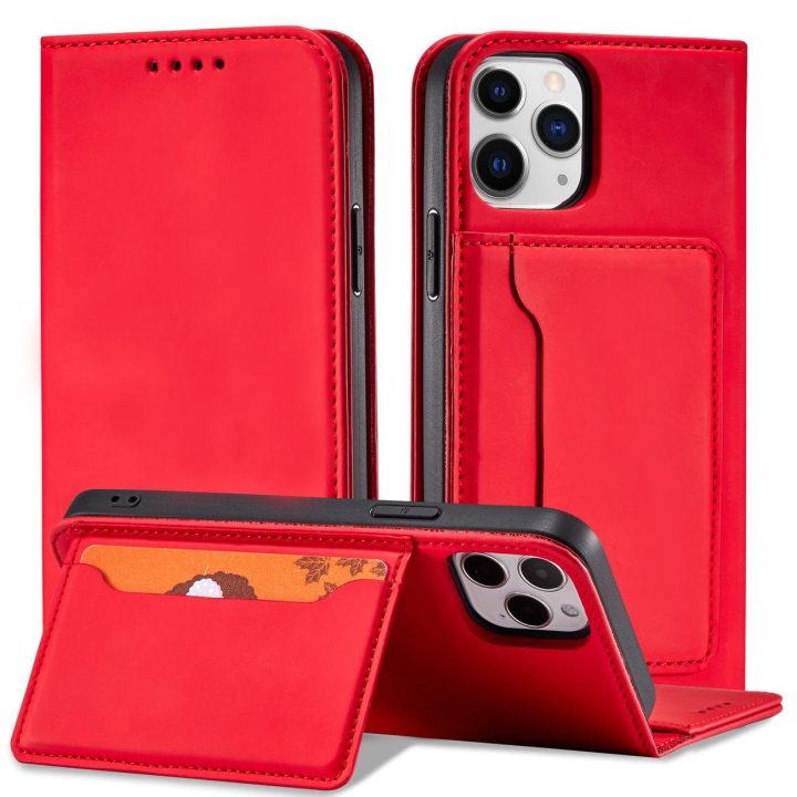 Magnetinis kortelės dėklas iPhone 12 Pro Max dėklas kortelės piniginės kortelės laikiklis raudonas