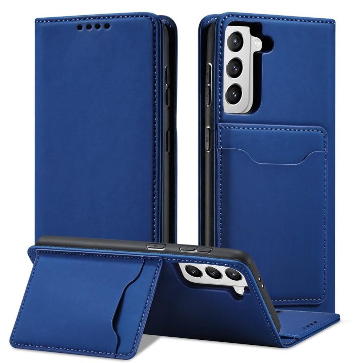 Magnetinis kortelės dėklas Samsung Galaxy S22 + (S22 Plus) dėklas piniginės kortelės laikiklis mėlynas