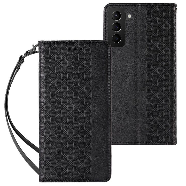 Magnetinis dirželis dėklas Samsung Galaxy S22 + (S22 Plus) dėklas piniginė + mini švino pakabukas juodas