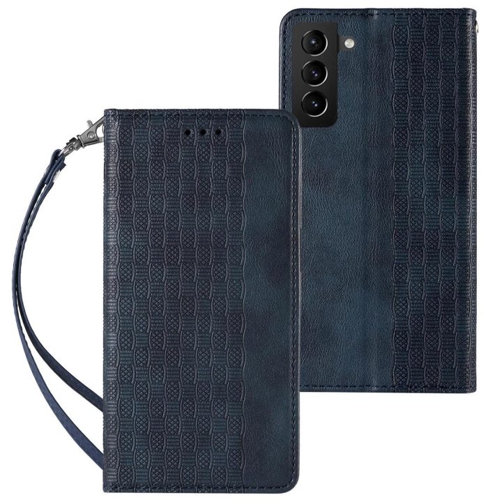 Magnetinis dirželis dėklas Samsung Galaxy S22 + (S22 Plus) dėklas piniginė + mini švino pakabukas mėlynas