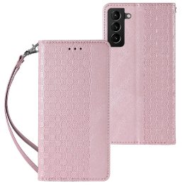 Magnetinis dirželis dėklas Samsung Galaxy S22 + (S22 Plus) dėklas piniginė + mini švino pakabukas rožinis