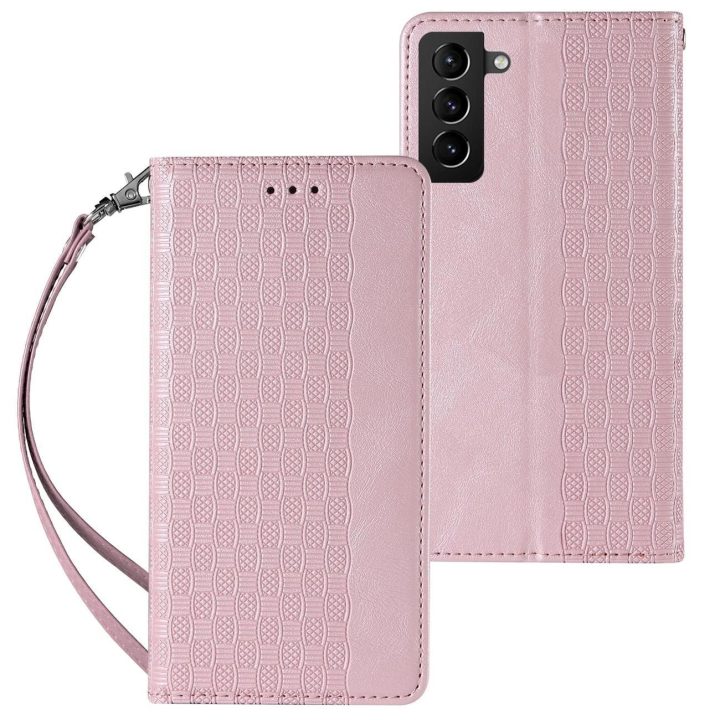 Magnetinis dirželis dėklas Samsung Galaxy S22 + (S22 Plus) dėklas piniginė + mini švino pakabukas rožinis