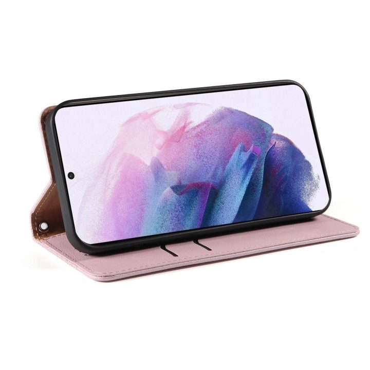 Magnetinis dirželis dėklas Samsung Galaxy S22 + (S22 Plus) dėklas piniginė + mini švino pakabukas rožinis