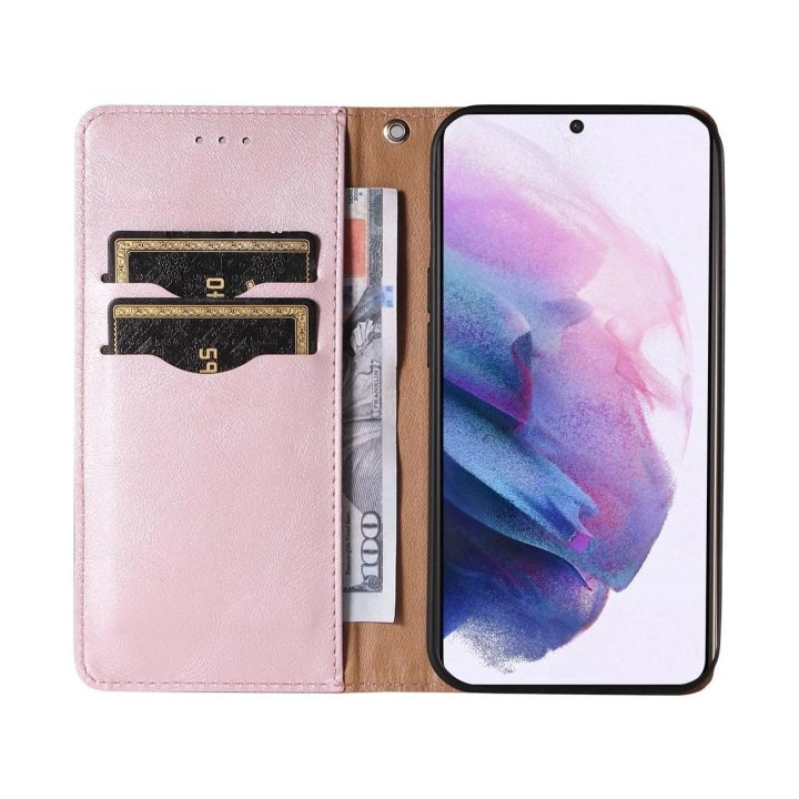 Magnetinis dirželis dėklas Samsung Galaxy S22 + (S22 Plus) dėklas piniginė + mini švino pakabukas rožinis