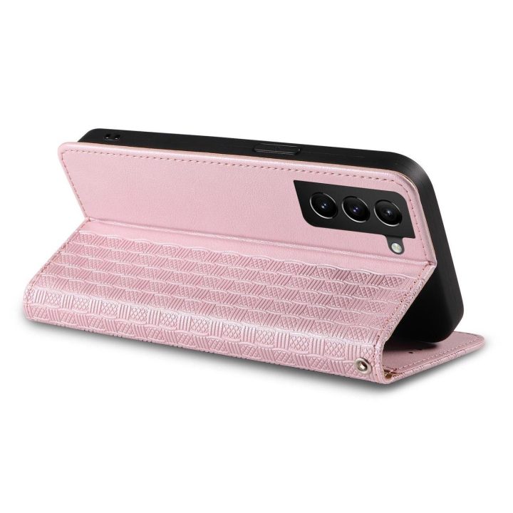 Magnetinis dirželis dėklas Samsung Galaxy S22 + (S22 Plus) dėklas piniginė + mini švino pakabukas rožinis