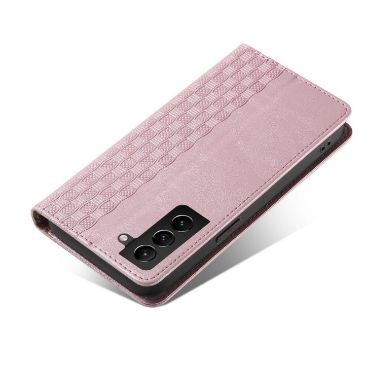 Magnetinis dirželis dėklas Samsung Galaxy S22 + (S22 Plus) dėklas piniginė + mini švino pakabukas rožinis